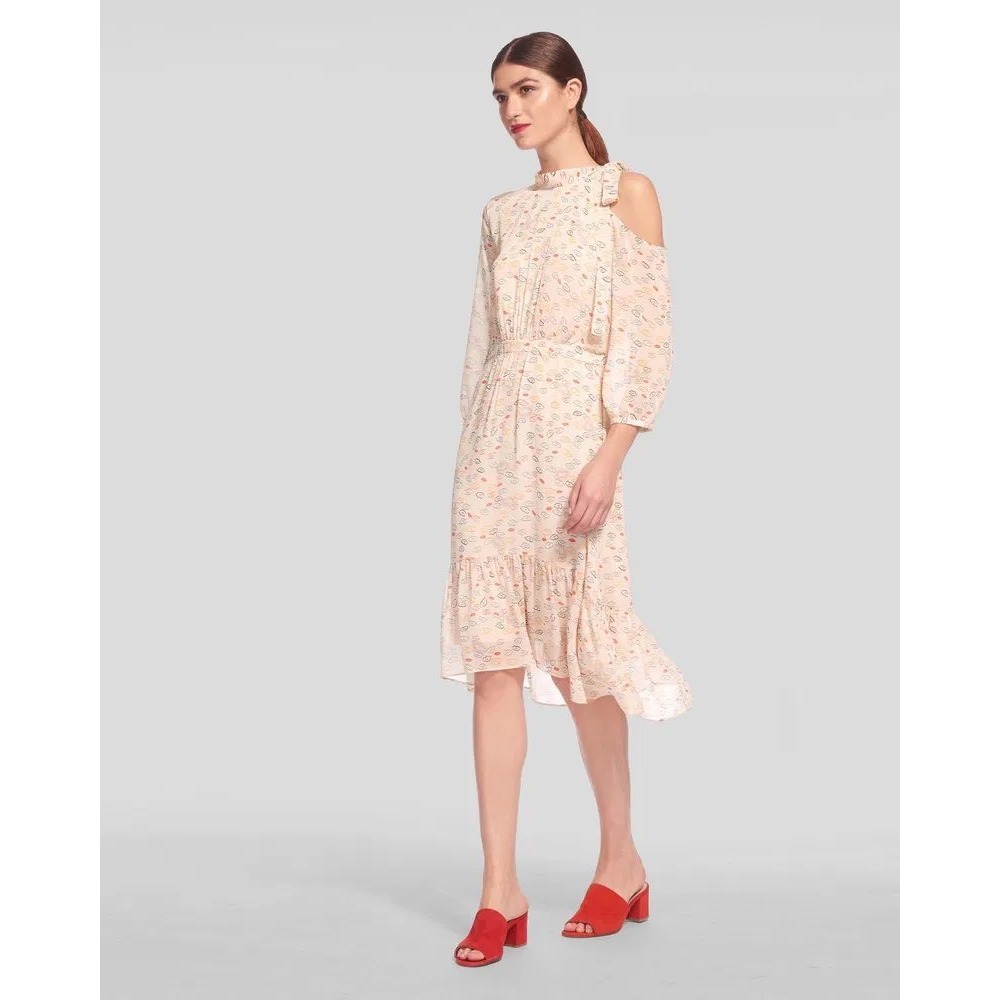 Whistles‎ Pink Lip Print Cold open Shoulder Midi Dress Bow Detail US 2